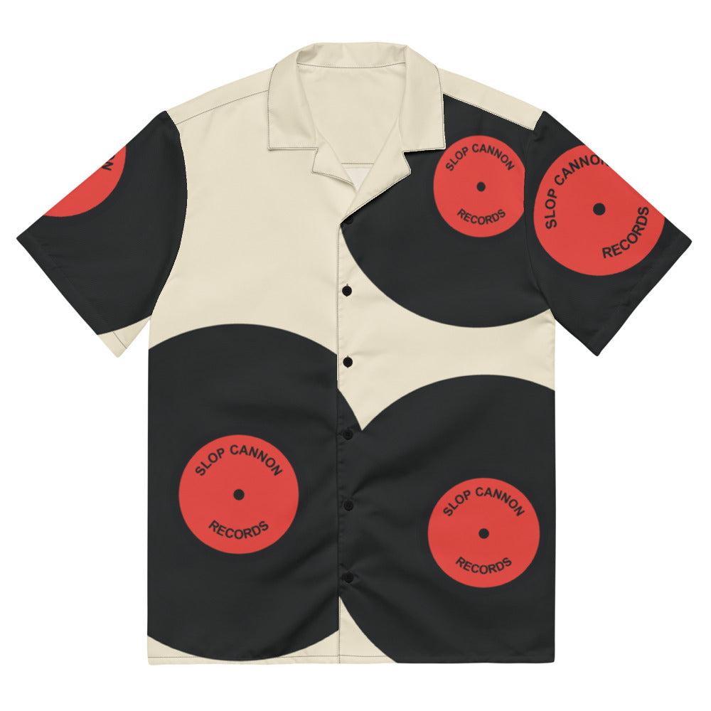 Slop Cannon Records Beach Button-Up — Cream / Black / Red — full front with configured record print; Printful all-over-print unisex button-up shirt White base / all-over print; supplier digital mockup.