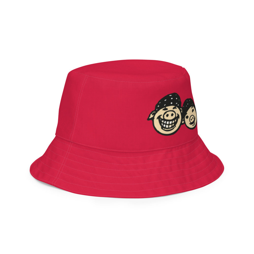 Slop Cannon Reversible Bucket Hat — C1 Cannon Boyz - Cherry Red — outside three-quarter view with the same front graphic; Printful catalog654, 100% polyester; supplier digital mockup.