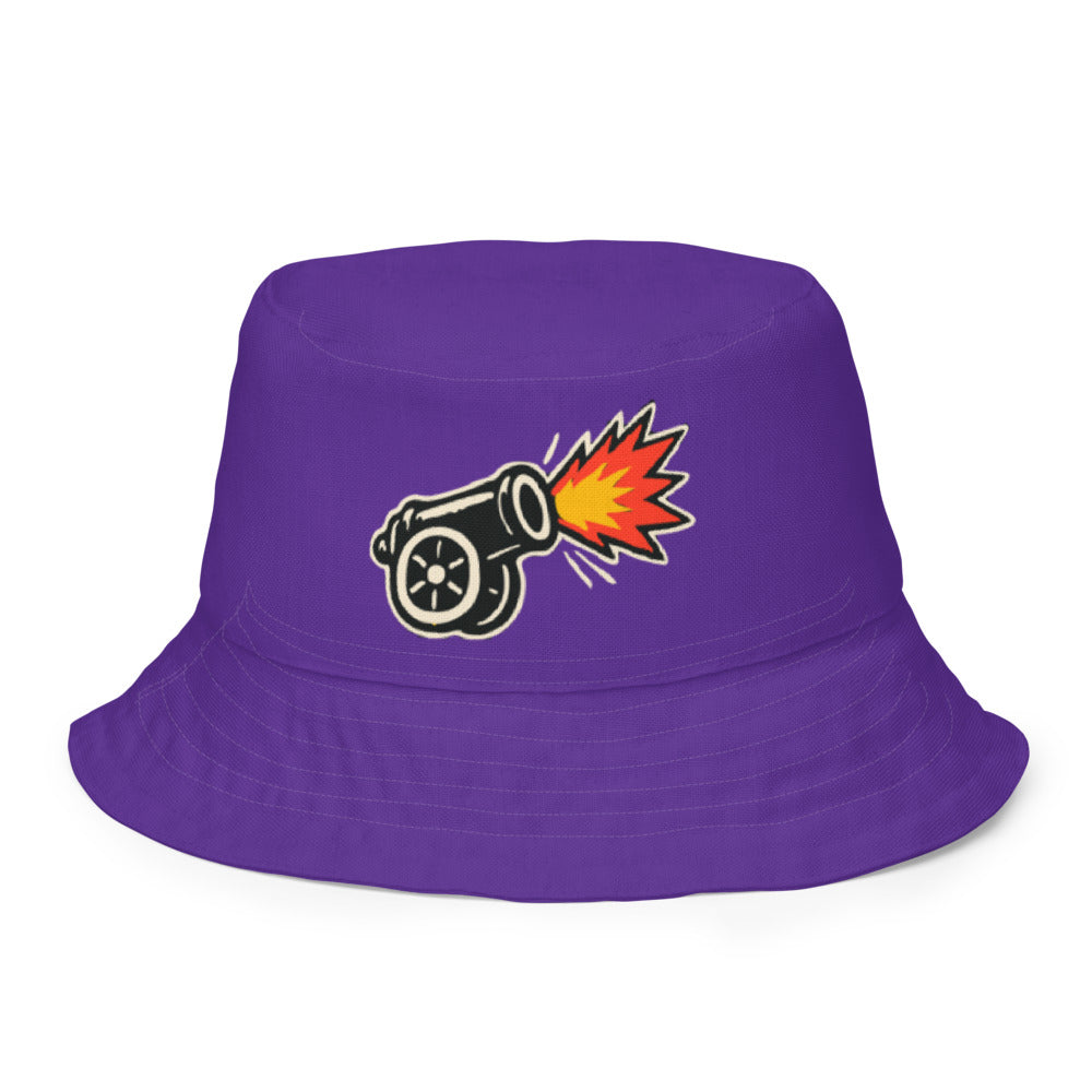 Slop Cannon Reversible Bucket Hat — C4 Firing Cannon - Deep Purple — clean outside front with approved graphic; Printful catalog654, 100% polyester; supplier digital mockup.