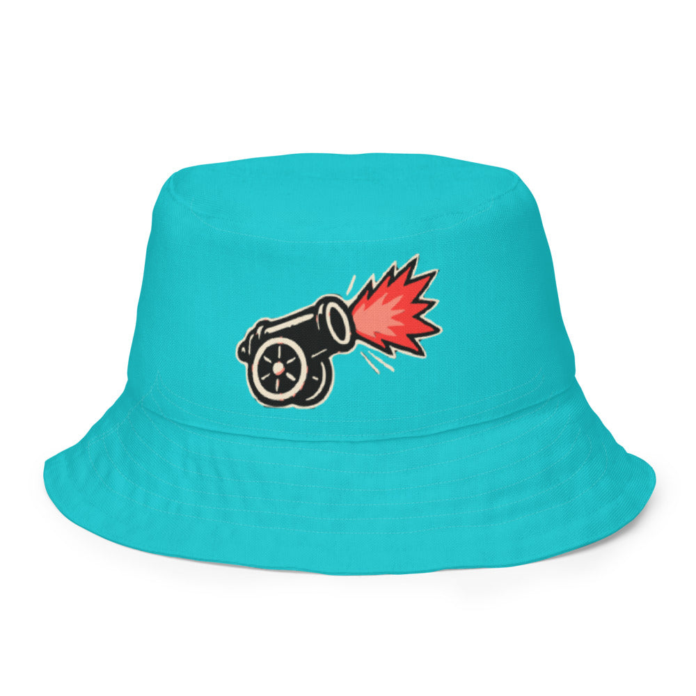 Slop Cannon Reversible Bucket Hat — C6 Firing Cannon - Bright Aqua — clean outside front with approved graphic; Printful catalog654, 100% polyester; supplier digital mockup.