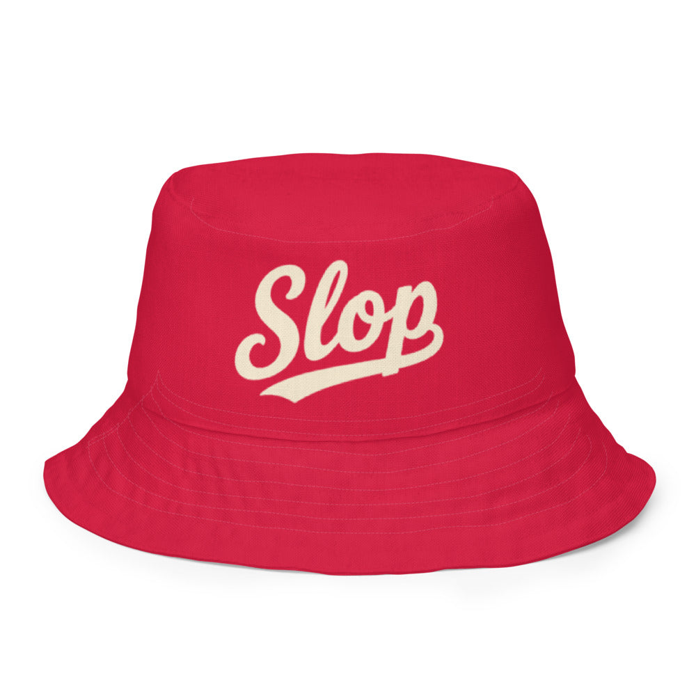 Slop Cannon Reversible Bucket Hat — S1 Slop Script - Cherry Red — clean outside front with complete approved Slop script and underline; actual Printful catalog654, 100% polyester; supplier digital mockup, not a manufactured sample photograph. One hat only.