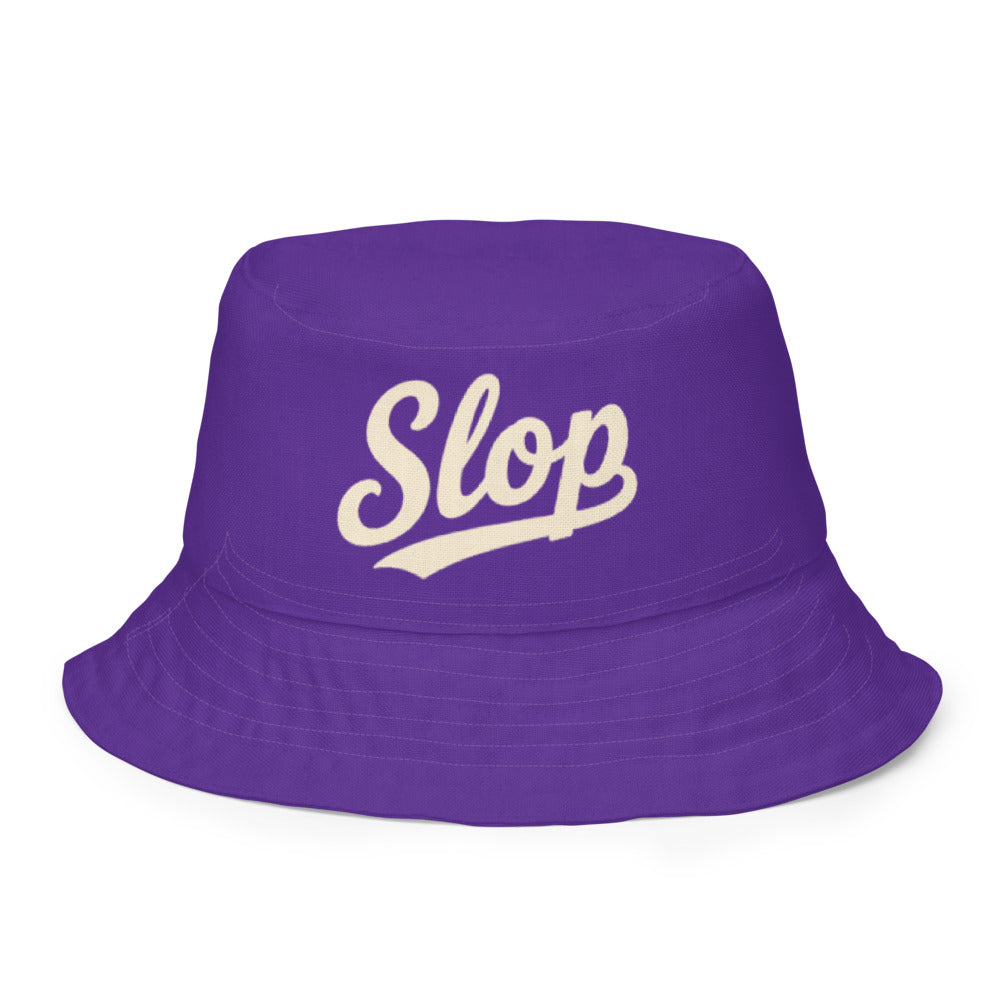 Slop Cannon Reversible Bucket Hat — S4 Slop Script - Deep Purple — clean outside front with complete approved Slop script and underline; actual Printful catalog654, 100% polyester; supplier digital mockup, not a manufactured sample photograph. One hat only.