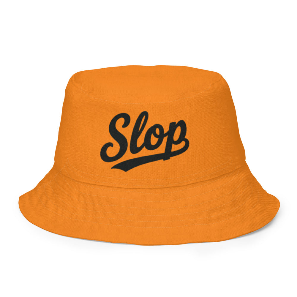 Slop Cannon Reversible Bucket Hat — S5 Slop Script - Tangerine Orange — clean outside front with complete approved Slop script and underline; actual Printful catalog654, 100% polyester; supplier digital mockup, not a manufactured sample photograph. One hat only.
