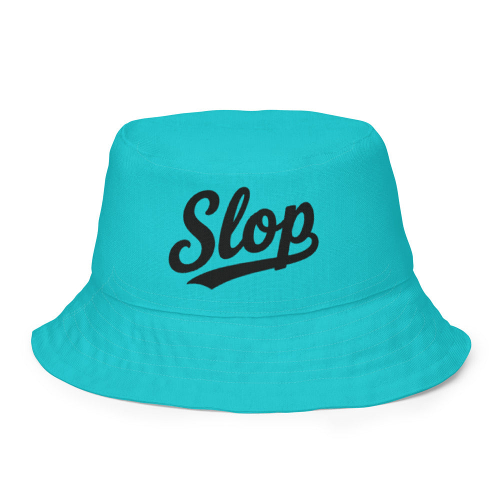 Slop Cannon Reversible Bucket Hat — S6 Slop Script - Bright Aqua — clean outside front with complete approved Slop script and underline; actual Printful catalog654, 100% polyester; supplier digital mockup, not a manufactured sample photograph. One hat only.