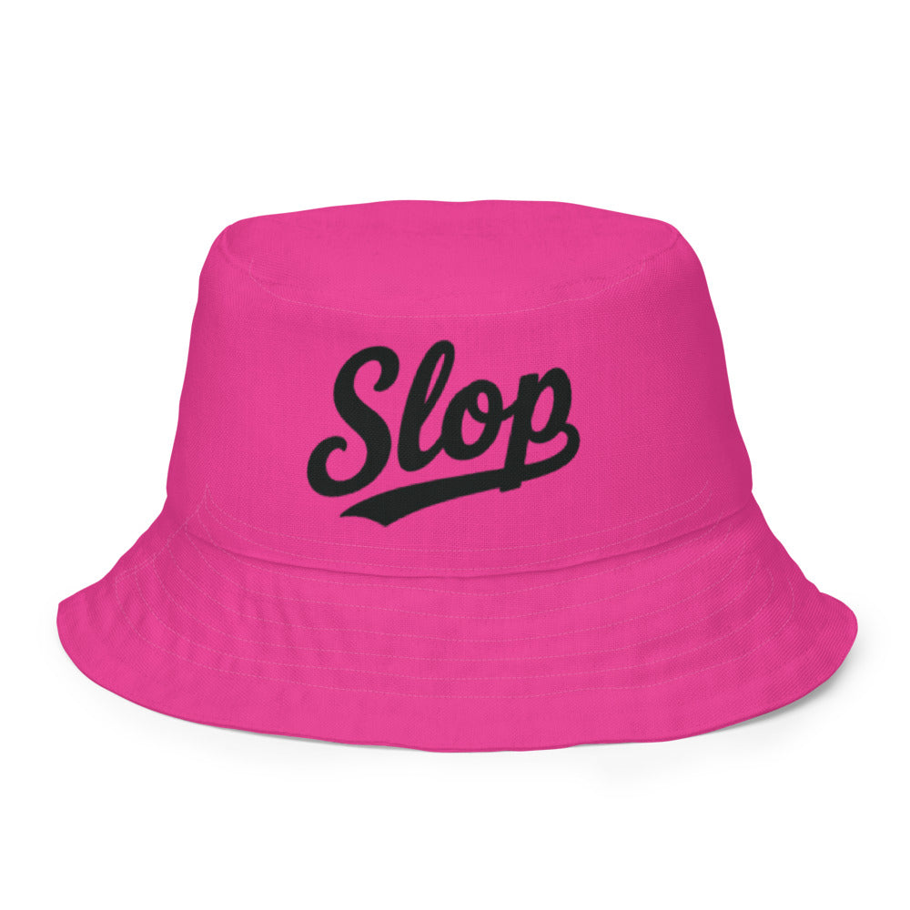 Slop Cannon Reversible Bucket Hat — S7 Slop Script - Hot Pink — clean outside front with complete approved Slop script and underline; actual Printful catalog654, 100% polyester; supplier digital mockup, not a manufactured sample photograph. One hat only.