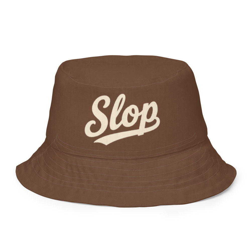 Slop Cannon Reversible Bucket Hat — S8 Slop Script - Chocolate Brown — clean outside front with complete approved Slop script and underline; actual Printful catalog654, 100% polyester; supplier digital mockup, not a manufactured sample photograph. One hat only.