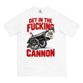 Slop Cannon Tee — Cannon Boy Barrel in White — Printful digital front mockup showing final approved large front artwork.