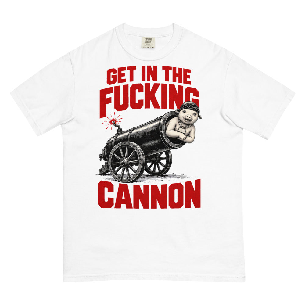 Slop Cannon Tee — Cannon Boy Barrel in White — Printful digital front mockup showing final approved large front artwork.