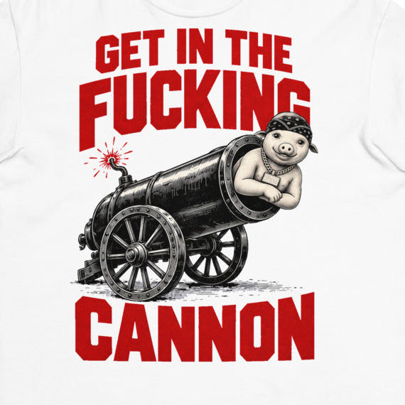 Slop Cannon Tee — Cannon Boy Barrel in White — front print detail cropped from the exact Printful digital mockup; not a manufactured sample photograph.