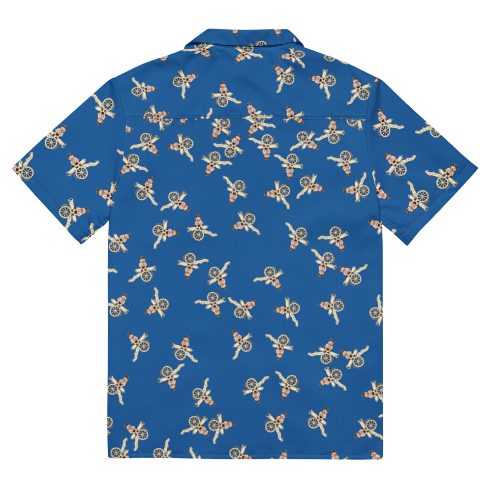 Cannon Beach button-up shirt — Cobalt — full printed back with the final approved scattered pattern; actual supplier digital mockup, not a manufactured sample.
