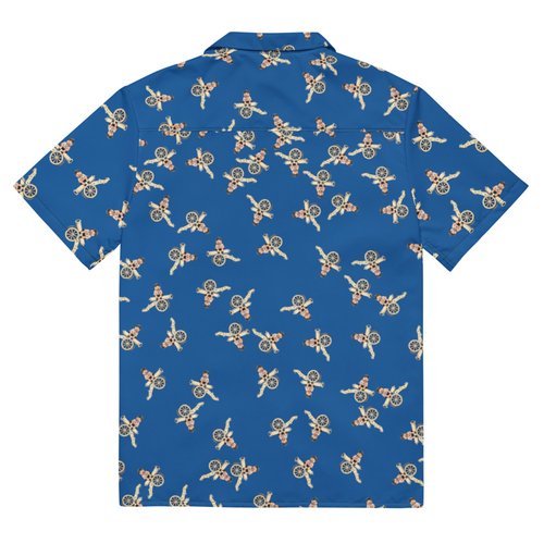 Cannon Beach button-up shirt — Cobalt — full printed back with the final approved scattered pattern; actual supplier digital mockup, not a manufactured sample.