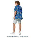 Cannon Beach button-up shirt — Cobalt — back model view; shirt only, other styling clothing excluded with the final approved scattered pattern; actual supplier digital mockup, not a manufactured sample.
