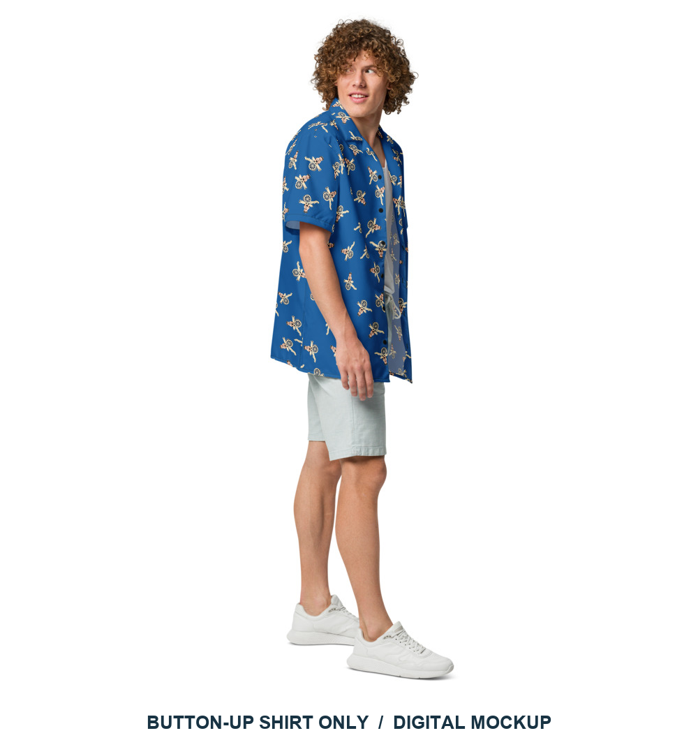 Cannon Beach button-up shirt — Cobalt — right-side model view; shirt only, other styling clothing excluded with the final approved scattered pattern; actual supplier digital mockup, not a manufactured sample.