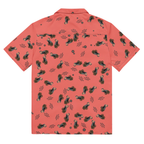 Lil Cannonboy Get In Beach Button-Up — Coral / Black — full printed back with the final approved scattered pattern; actual supplier digital mockup, not a manufactured sample.