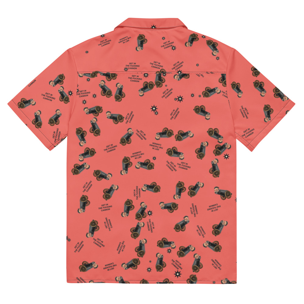 Lil Cannonboy Get In Beach Button-Up — Coral / Black — full printed back with the final approved scattered pattern; actual supplier digital mockup, not a manufactured sample.