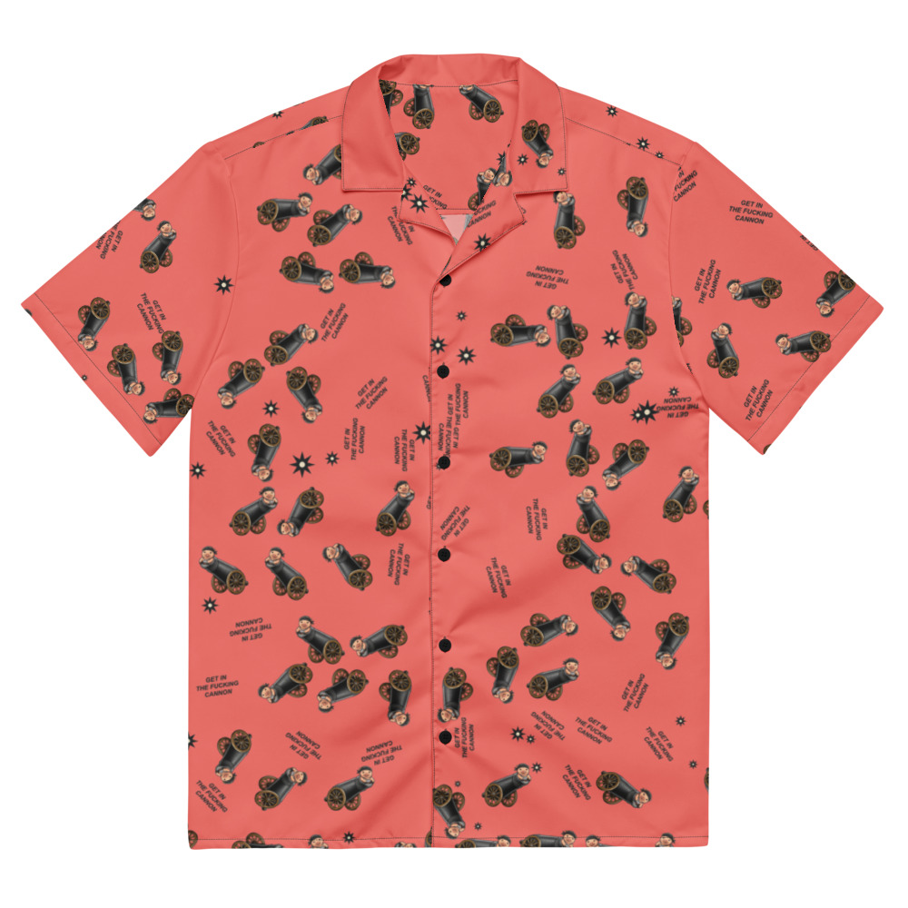 Lil Cannonboy Get In Beach Button-Up — Coral / Black — full front with the final approved scattered pattern; actual supplier digital mockup, not a manufactured sample.