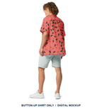 Lil Cannonboy Get In Beach Button-Up — Coral / Black — back model view; shirt only, other styling clothing excluded with the final approved scattered pattern; actual supplier digital mockup, not a manufactured sample.