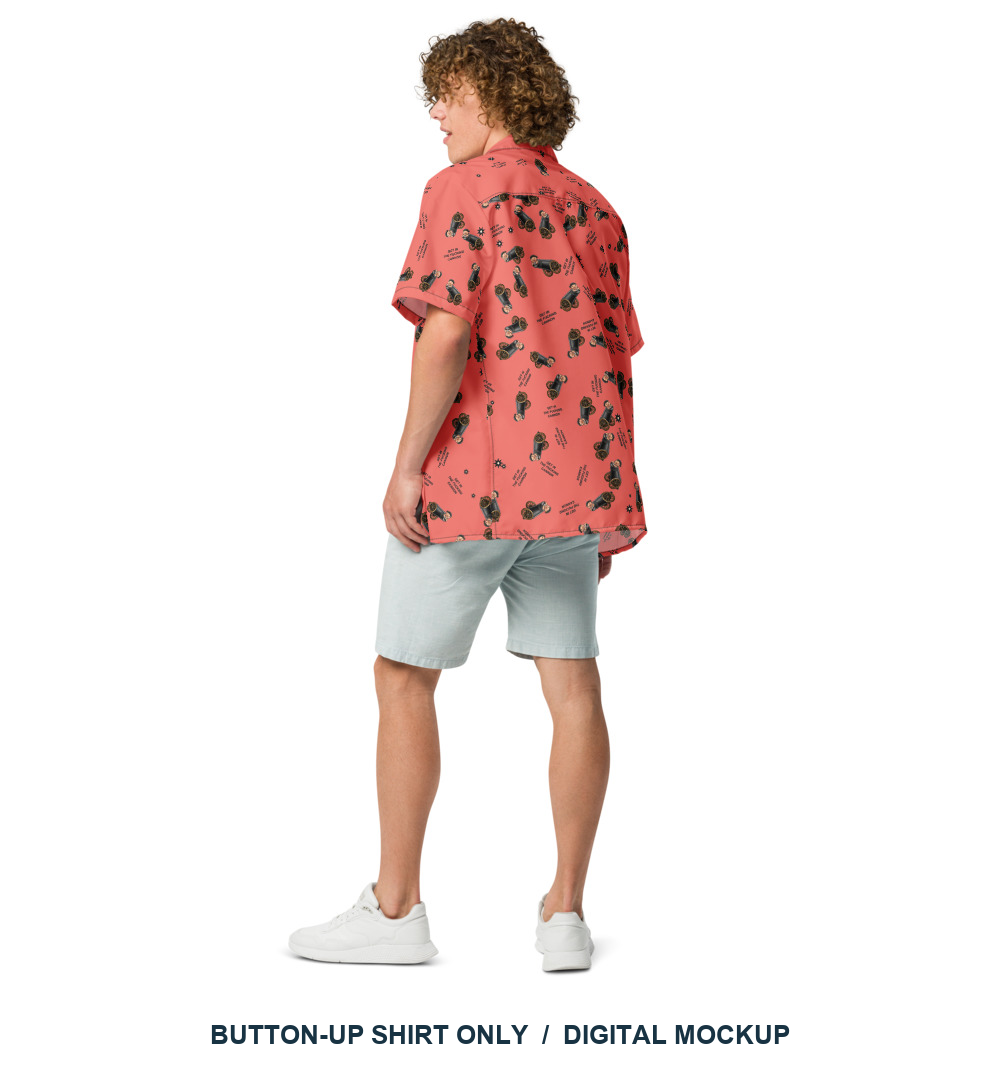 Lil Cannonboy Get In Beach Button-Up — Coral / Black — back model view; shirt only, other styling clothing excluded with the final approved scattered pattern; actual supplier digital mockup, not a manufactured sample.