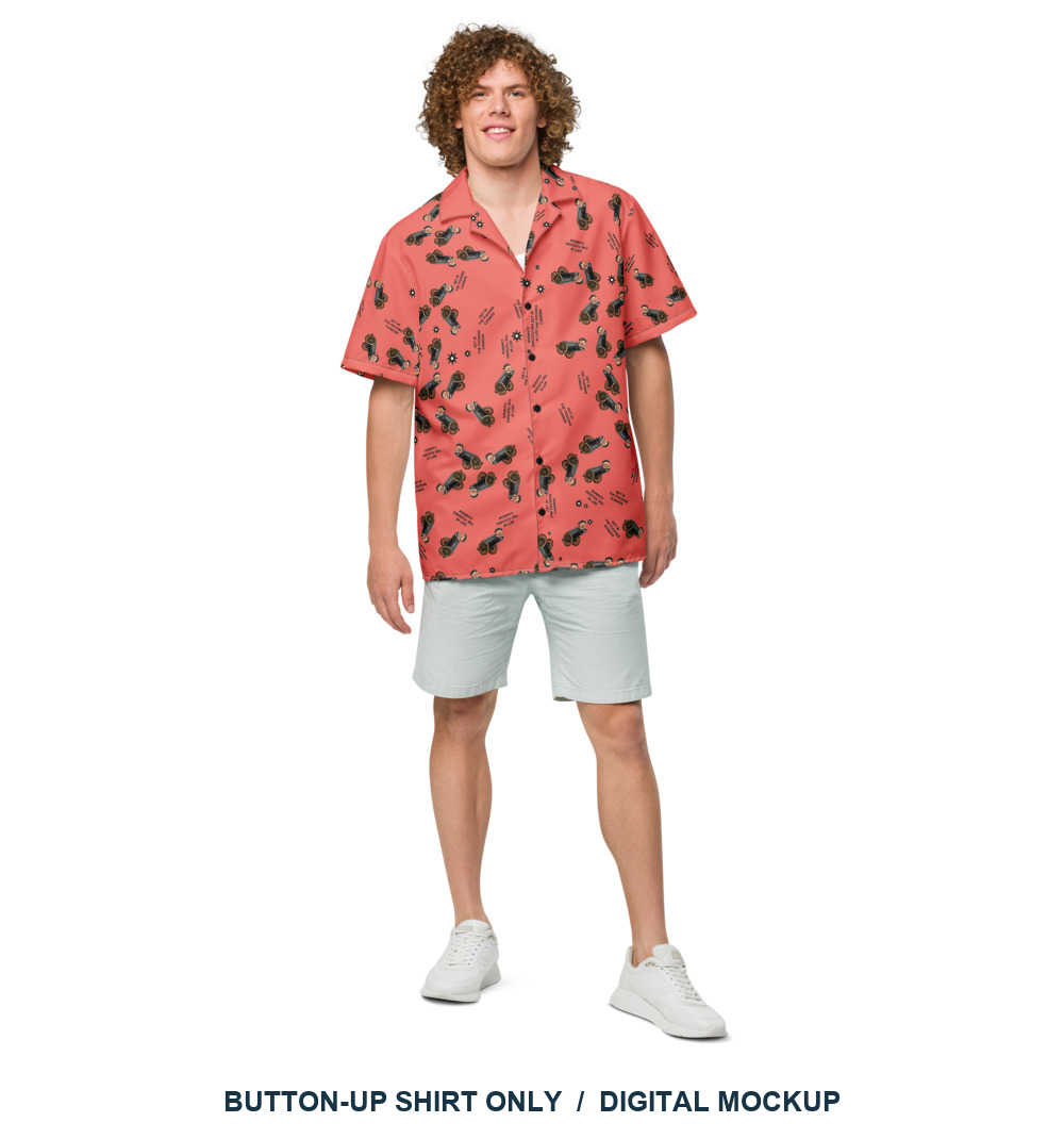 Lil Cannonboy Get In Beach Button-Up — Coral / Black — front model view; shirt only, other styling clothing excluded with the final approved scattered pattern; actual supplier digital mockup, not a manufactured sample.