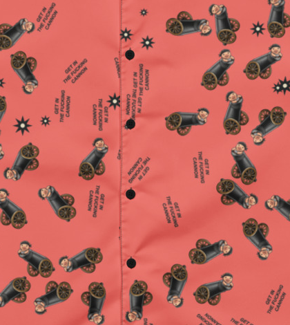 Lil Cannonboy Get In Beach Button-Up — Coral / Black — literal crop of the final dense quarter-size Cannonboy and lettering pattern from the supplier front; no upscaling; supplier digital mockup.