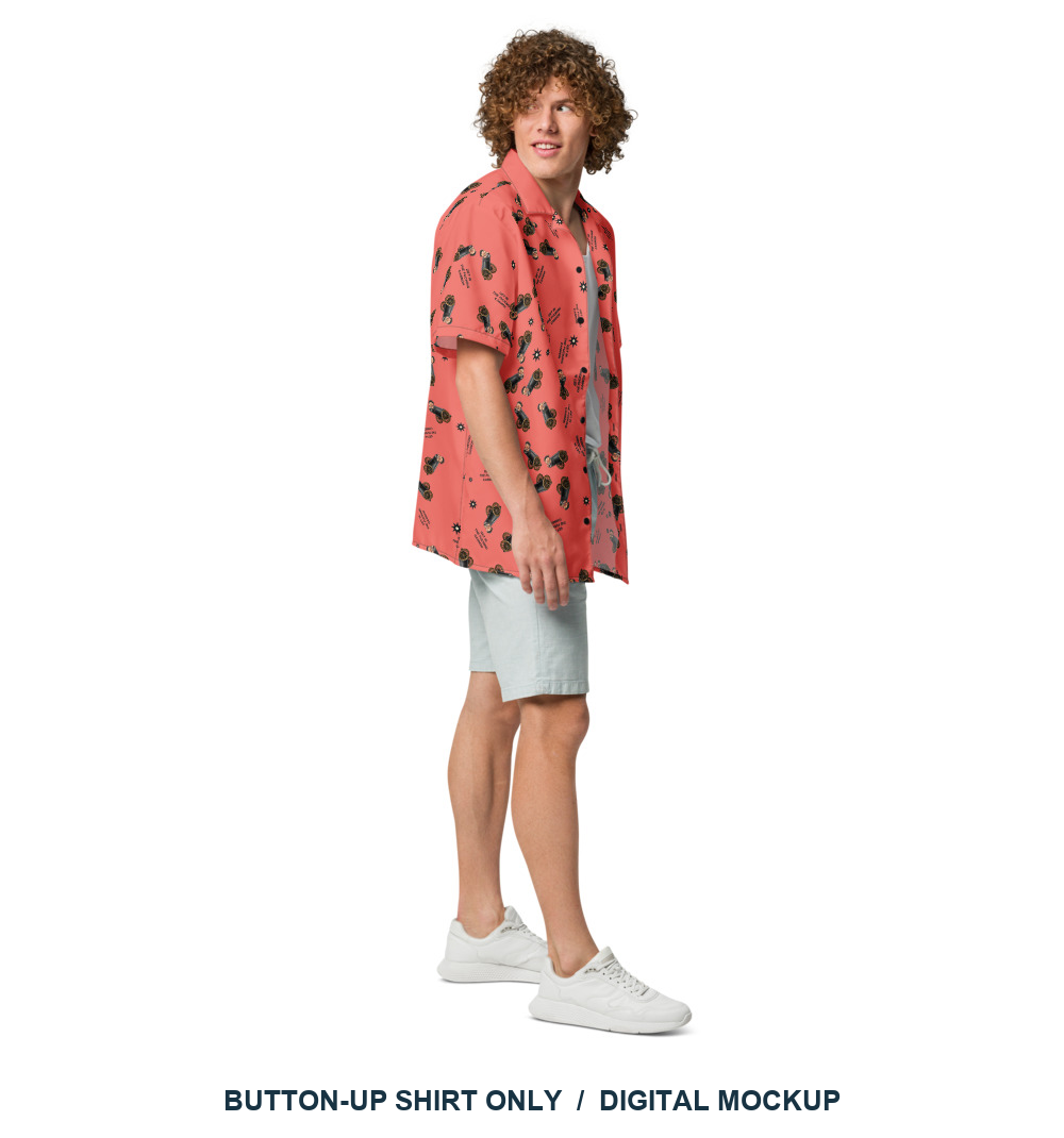 Lil Cannonboy Get In Beach Button-Up — Coral / Black — right-side model view; shirt only, other styling clothing excluded with the final approved scattered pattern; actual supplier digital mockup, not a manufactured sample.
