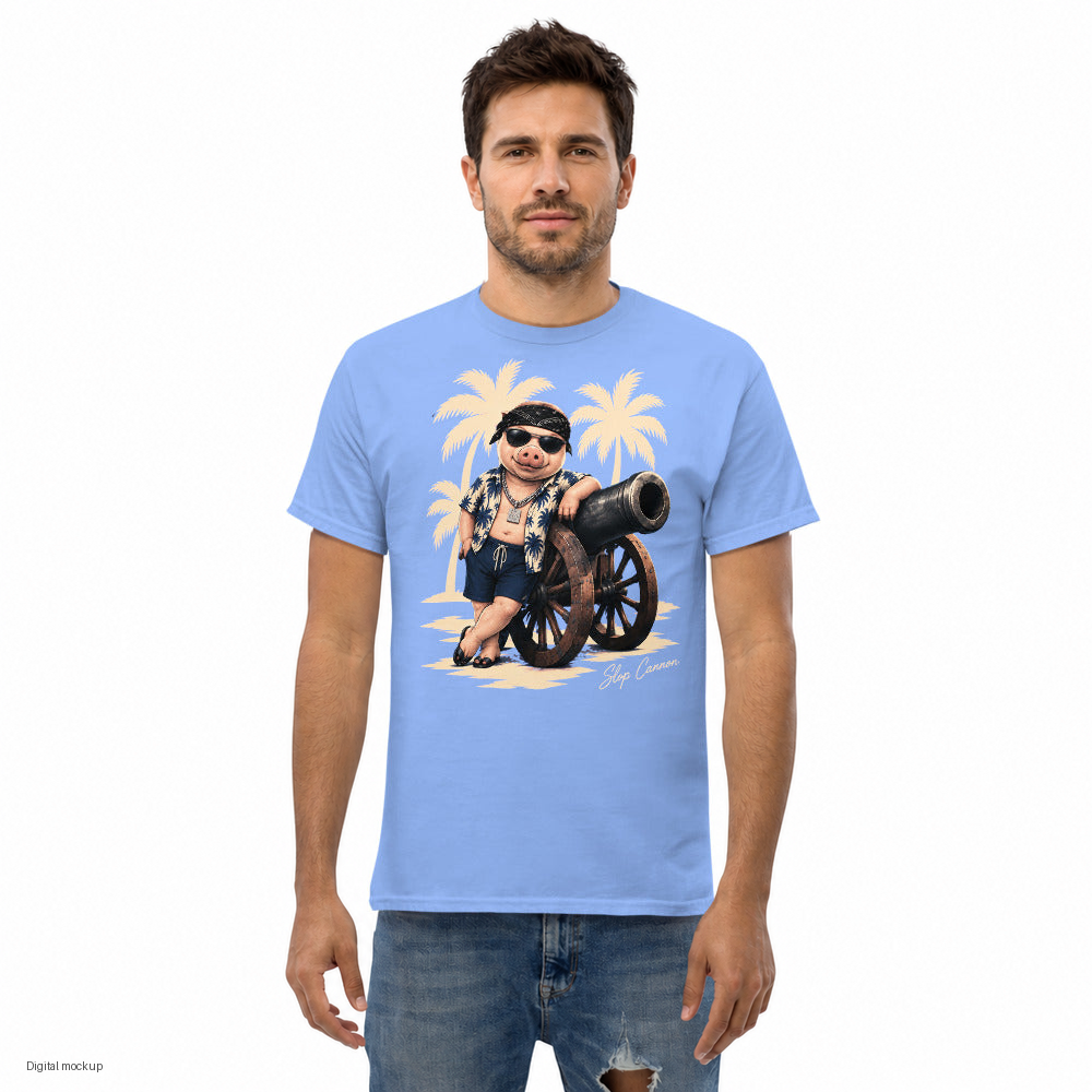 Cannon Country Club tee — Pool Blue — adult model front view; exact Gildan 5000 Carolina Blue garment and configured artwork; tee only, styling jeans excluded; digital model composite, not a manufactured sample.