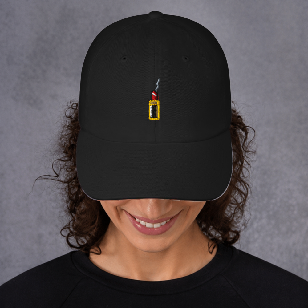 Slop Cannon Loaded Dad Cap — Black — adult model front; exact supplier cap composited onto a digitally generated model; digital mockup, cap only; embroidery preview is not a sewn sample.