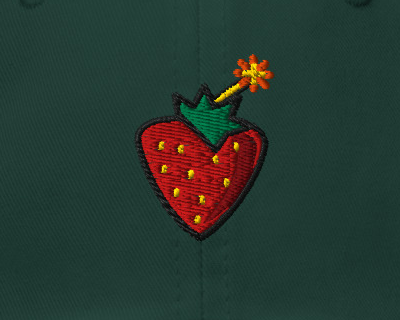 Sweet Trouble cap — Spruce — literal detail crop of supplier simulated embroidery preview; not a sewn sample or a stitch-path proof; Yupoong 6245CM cotton twill; supplier digital mockup.