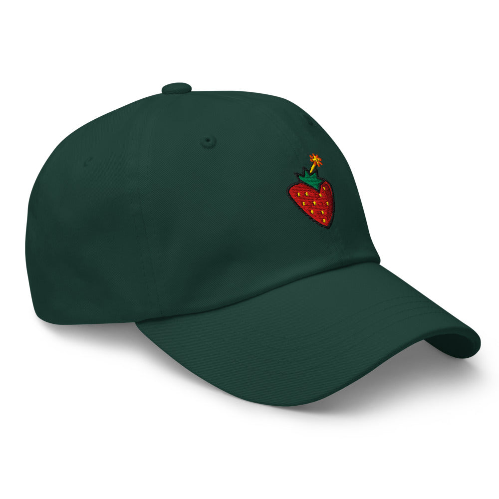 Sweet Trouble cap — Spruce — three-quarter view with approved front motif and undecorated side; Yupoong 6245CM cotton twill; supplier digital mockup.