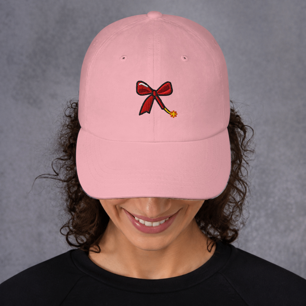 Slop Cannon Short Fuse Dad Cap — Pink — adult model front; exact supplier cap composited onto a digitally generated model; digital mockup, cap only; embroidery preview is not a sewn sample.
