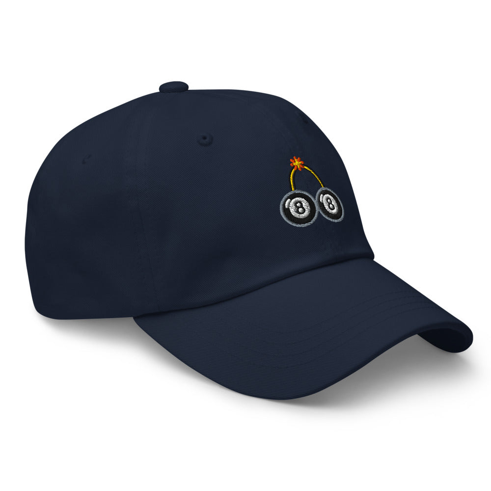 Bad Luck Club cap — Navy — three-quarter view with approved front motif and undecorated side; Yupoong 6245CM cotton twill; supplier digital mockup.