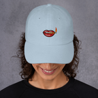 Slop Cannon Play With Fire Dad Cap — Light Blue — adult model front; exact supplier cap composited onto a digitally generated model; digital mockup, cap only; embroidery preview is not a sewn sample.