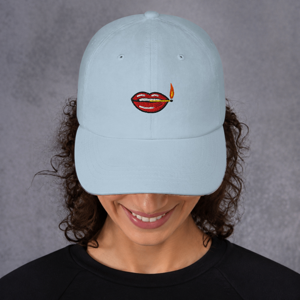 Slop Cannon Play With Fire Dad Cap — Light Blue — adult model front; exact supplier cap composited onto a digitally generated model; digital mockup, cap only; embroidery preview is not a sewn sample.