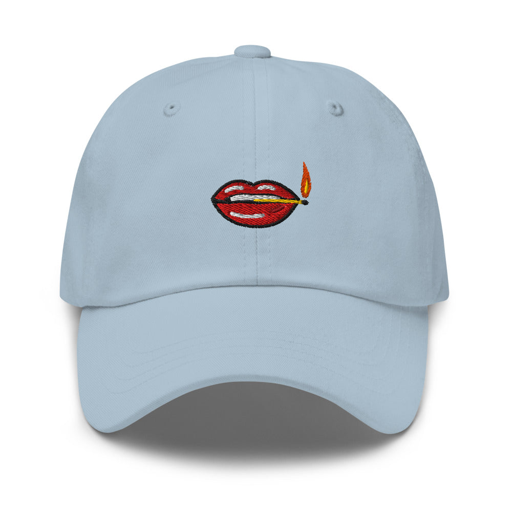 Play With Fire cap — Light Blue — full front with approved flat embroidery design; Yupoong 6245CM cotton twill; supplier digital mockup.