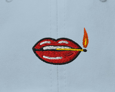 Play With Fire cap — Light Blue — literal detail crop of supplier simulated embroidery preview; not a sewn sample or a stitch-path proof; Yupoong 6245CM cotton twill; supplier digital mockup.