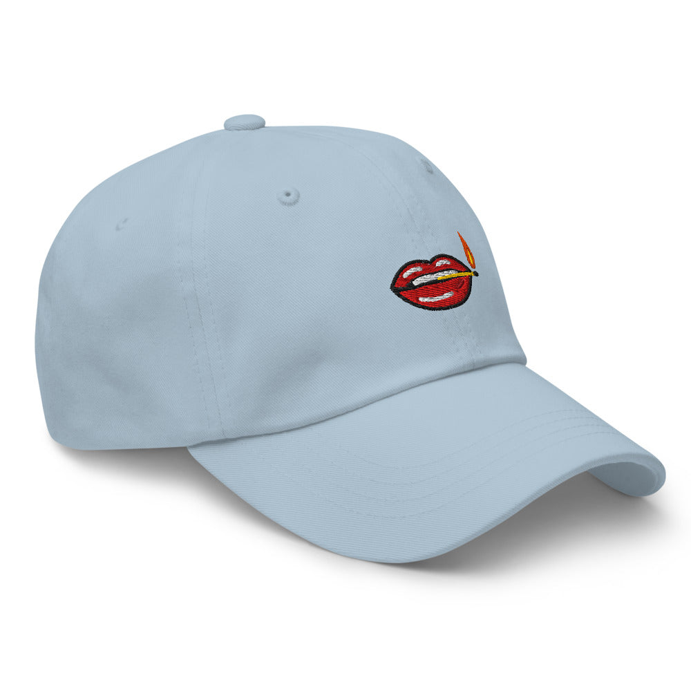 Play With Fire cap — Light Blue — three-quarter view with approved front motif and undecorated side; Yupoong 6245CM cotton twill; supplier digital mockup.