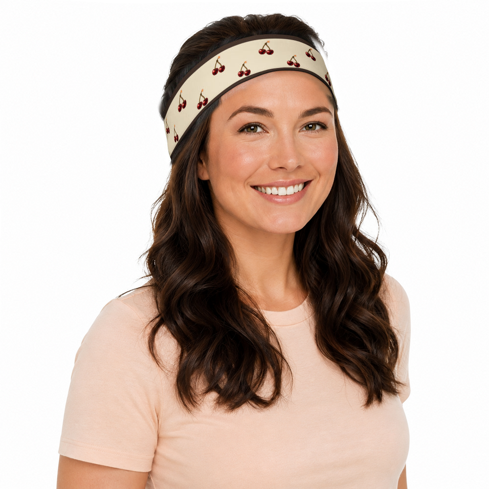 Slop Cannon Cherry Fuse Repeat Headband — Ivory / espresso — model-worn three-quarter front view; headband only; clothing excluded; printed straight band with espresso edge stripes; digital model composite with exact supplier headband; not a manufactured-sample photograph.