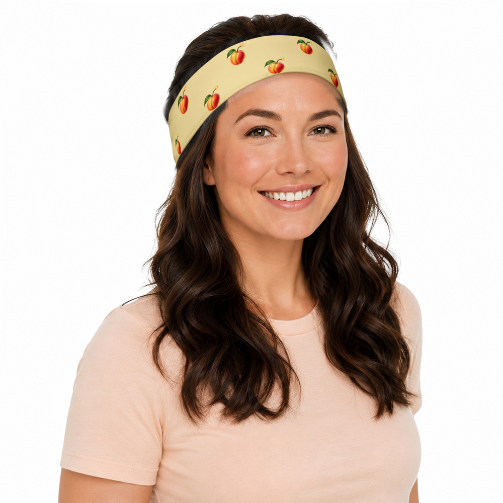 Slop Cannon Hot Piece Headband — Butter — model-worn three-quarter front view; headband only; clothing excluded; printed straight polyester/elastane band; digital model composite with exact supplier headband; not a manufactured-sample photograph.
