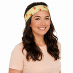 Slop Cannon Hot Piece Headband — Butter — model-worn three-quarter front view; headband only; clothing excluded; printed straight polyester/elastane band; digital model composite with exact supplier headband; not a manufactured-sample photograph.