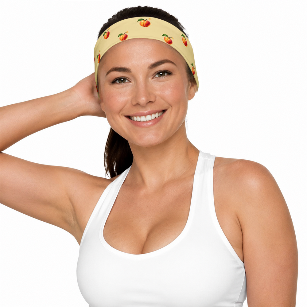 Slop Cannon Hot Piece Headband — Butter — model-worn front view; headband only; clothing excluded; printed straight polyester/elastane band; digital model composite with exact supplier headband; not a manufactured-sample photograph.