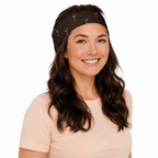 Slop Cannon Dirty Habits Headband — Espresso — model-worn three-quarter front view; headband only; clothing excluded; printed straight polyester/elastane band; digital model composite with exact supplier headband; not a manufactured-sample photograph.