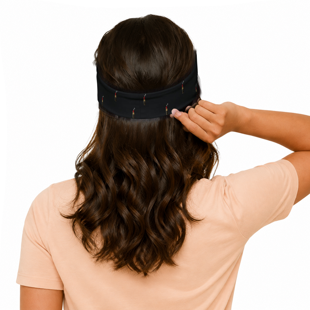 Slop Cannon Loaded Headband — Black — model-worn rear view; headband only; clothing excluded; printed straight polyester/elastane band; digital model composite with exact supplier headband; not a manufactured-sample photograph.