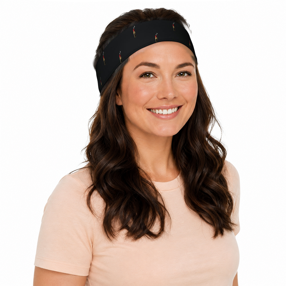 Slop Cannon Loaded Headband — Black — model-worn three-quarter front view; headband only; clothing excluded; printed straight polyester/elastane band; digital model composite with exact supplier headband; not a manufactured-sample photograph.