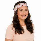 Slop Cannon Sweet Trouble Headband — Pale pink — model-worn three-quarter front view; headband only; clothing excluded; printed straight polyester/elastane band; digital model composite with exact supplier headband; not a manufactured-sample photograph.