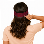 Slop Cannon Short Fuse Headband — Burgundy — model-worn rear view; headband only; clothing excluded; printed straight polyester/elastane band; digital model composite with exact supplier headband; not a manufactured-sample photograph.