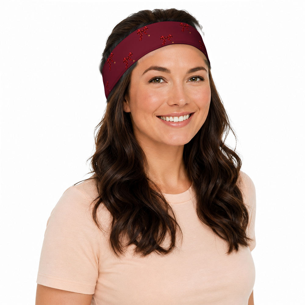 Slop Cannon Short Fuse Headband — Burgundy — model-worn three-quarter front view; headband only; clothing excluded; printed straight polyester/elastane band; digital model composite with exact supplier headband; not a manufactured-sample photograph.