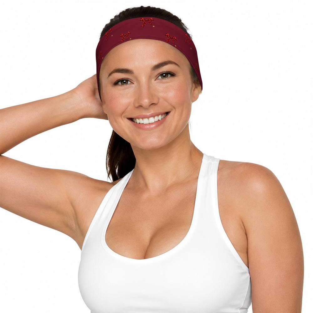 Slop Cannon Short Fuse Headband — Burgundy — model-worn front view; headband only; clothing excluded; printed straight polyester/elastane band; digital model composite with exact supplier headband; not a manufactured-sample photograph.