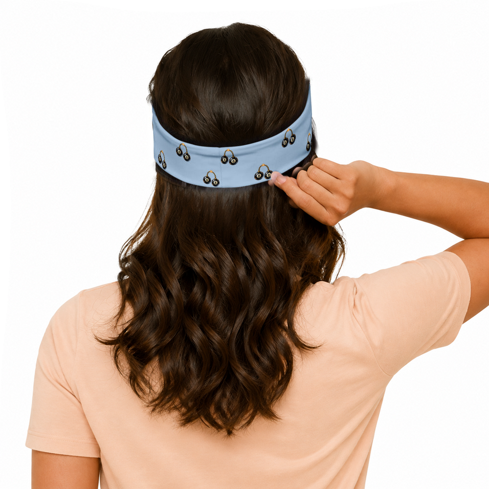 Slop Cannon Bad Luck Club Headband — Pale blue — model-worn rear view; headband only; clothing excluded; printed straight polyester/elastane band; digital model composite with exact supplier headband; not a manufactured-sample photograph.