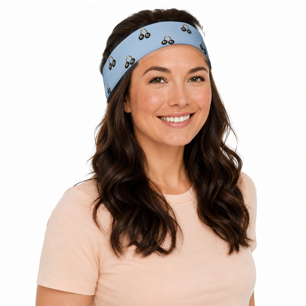 Slop Cannon Bad Luck Club Headband — Pale blue — model-worn three-quarter front view; headband only; clothing excluded; printed straight polyester/elastane band; digital model composite with exact supplier headband; not a manufactured-sample photograph.
