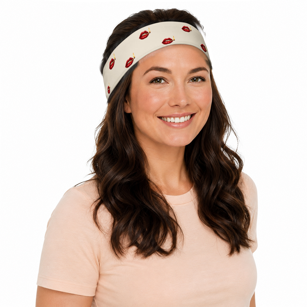 Slop Cannon Play With Fire Headband — Ivory — model-worn three-quarter front view; headband only; clothing excluded; printed straight polyester/elastane band; digital model composite with exact supplier headband; not a manufactured-sample photograph.